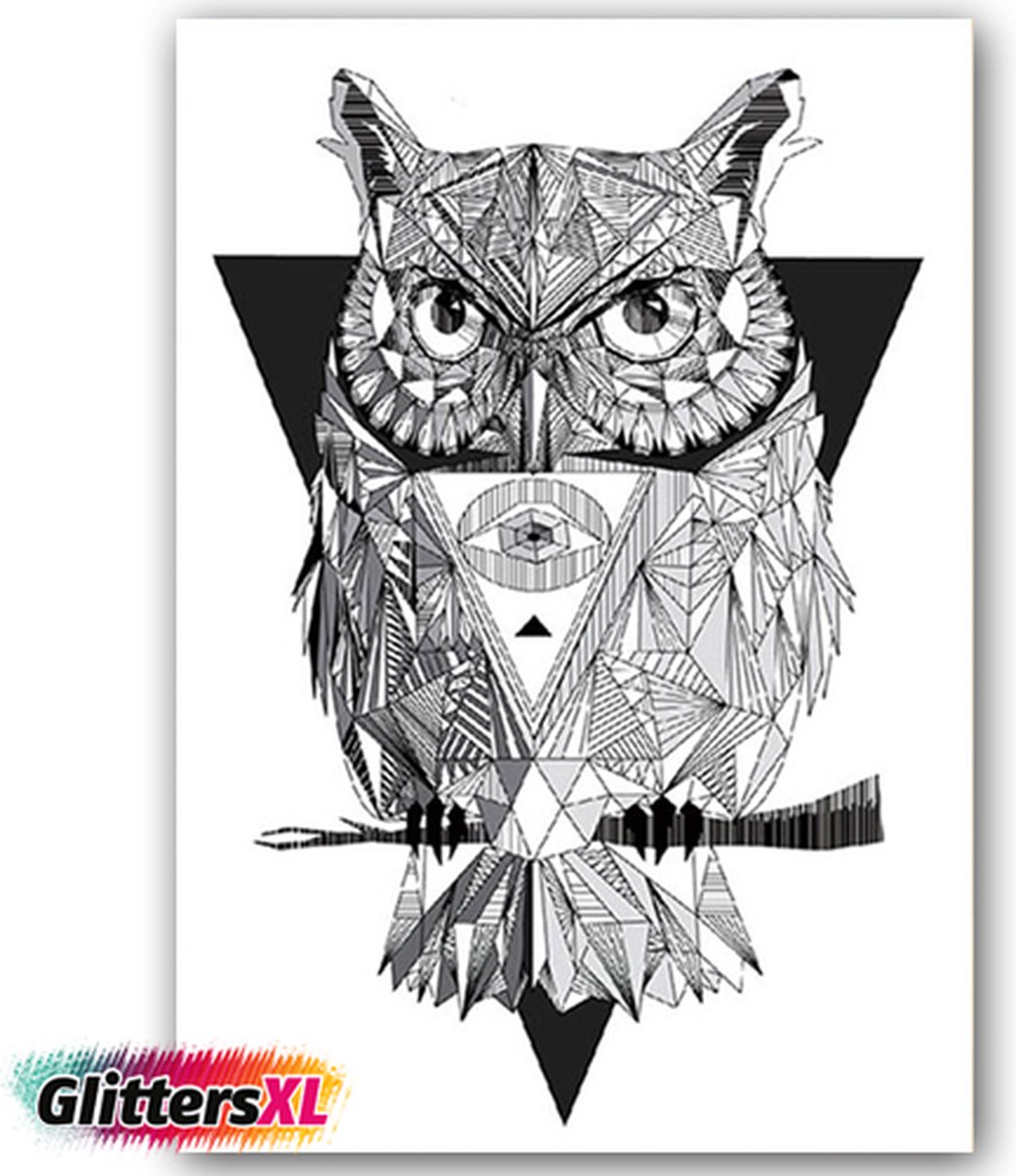 GlittersXL - Temporary Tattoo Uil (A5 formaat) [Neptattoo - Tijdelijke tatoeage - Nep Fake Tattoos - Water overdraagbare festival sticker henna outfit tattoo - Glitter tattoo - Volwassenen Kinderen Jongen Meisje]